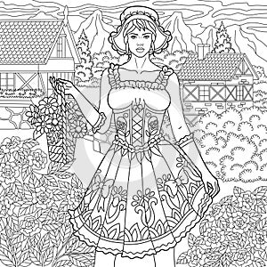 Vintage lady with flowers adult coloring book page